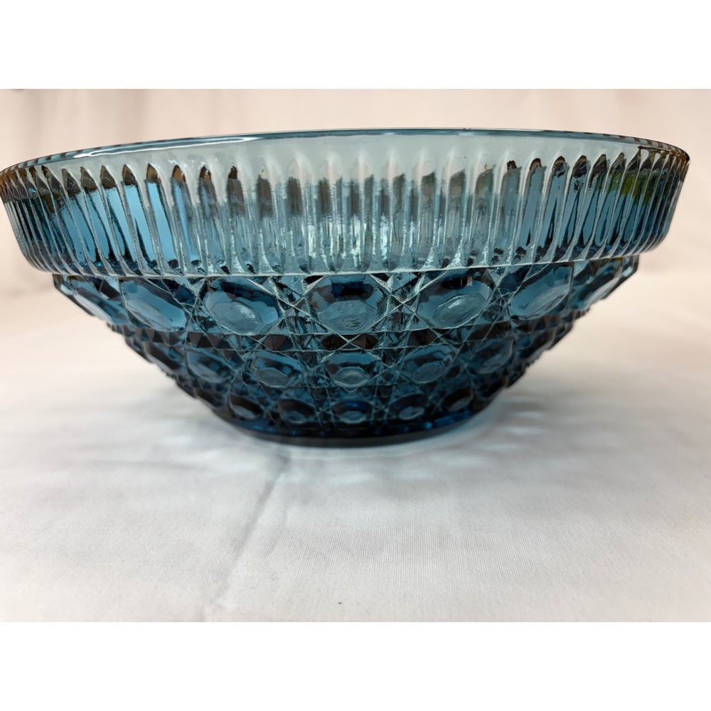 Vintage Indiana Windsor Blue Carnival Glass Fruit Bowl Button and Cane 10.25"